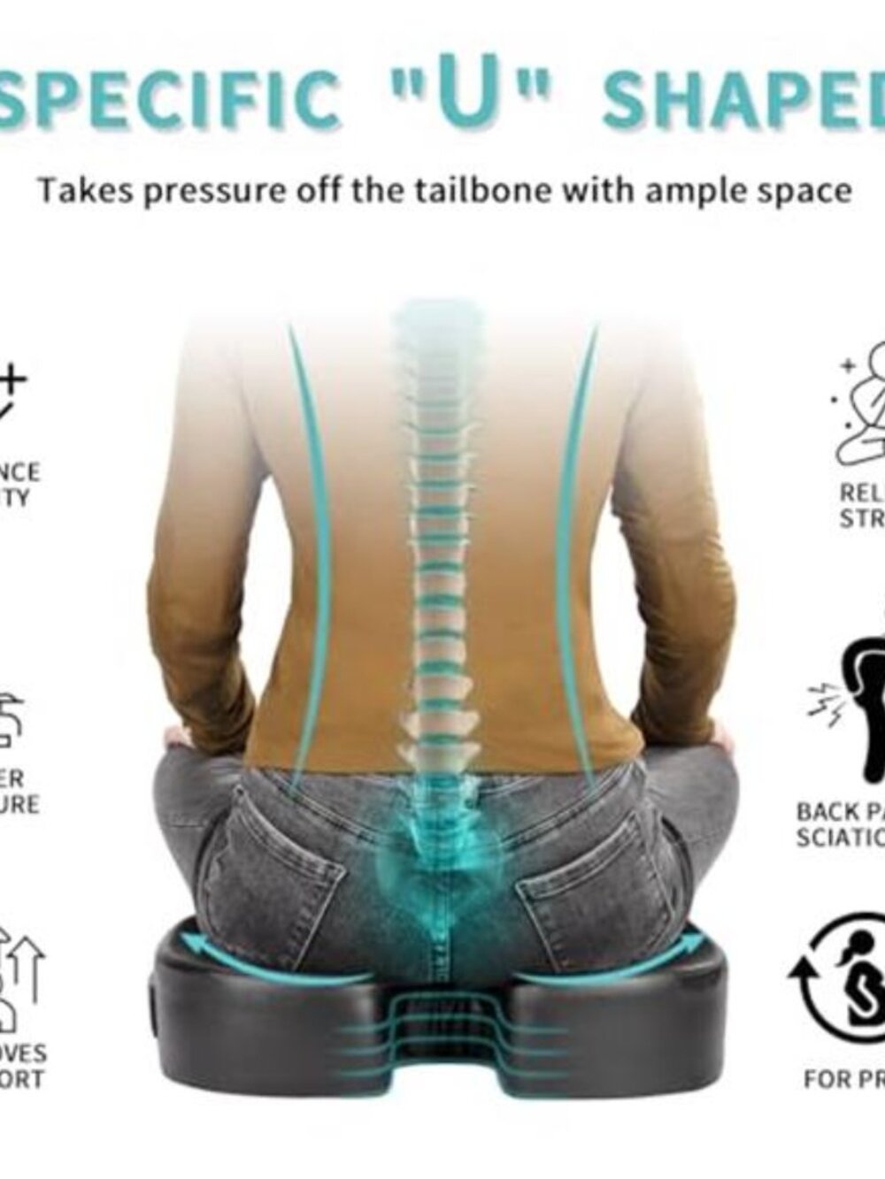 Memory Foam Seat Cushion 4 Inch Thick Coccyx Cushion Office Chair Back Pain - Picture 5 of 6